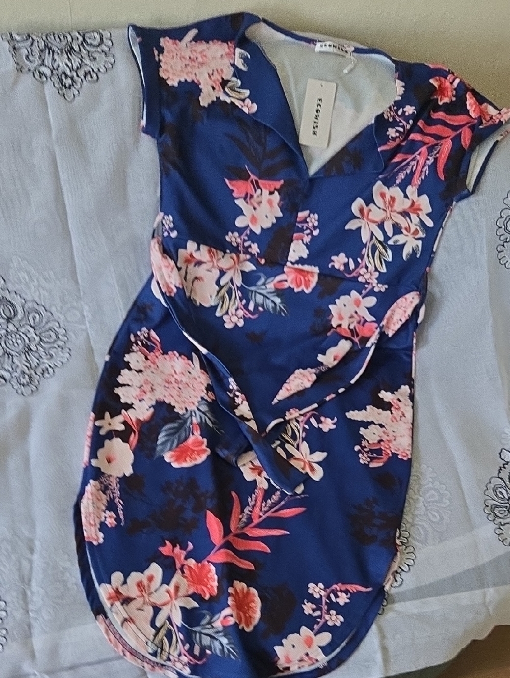 Wish Ecowish Light Blue Top with Navy Piping and Pink Floral Trim